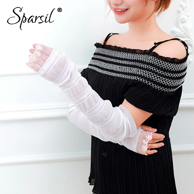 Sparsil Ladies Summer Lace Solid Long Gloves Thin Breathable Sunscreen Driving Sleeve Mittens Elegant Fingerless Female Gloves