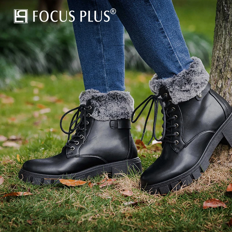 

Focusplus Solid Color Mid-heel Leather Plush Women's Martin Boots For Winter European Style Fashionable Comfortable XHDS168-6