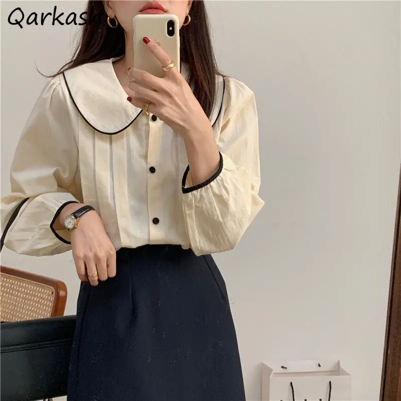 

Women Peter Pan Collar Shirts Spring Autumn All-match Chic Fashion Vintage Puff Sleeve Single-breasted New Stylish Kawaii Tender