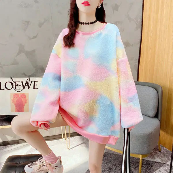 

Women 's Korean -Style Colorful Tie-Dyed Lamb Wool Hoodie /round Neck Sweater Winter Gentle Super Fairy Warm Fleece Padded Coat