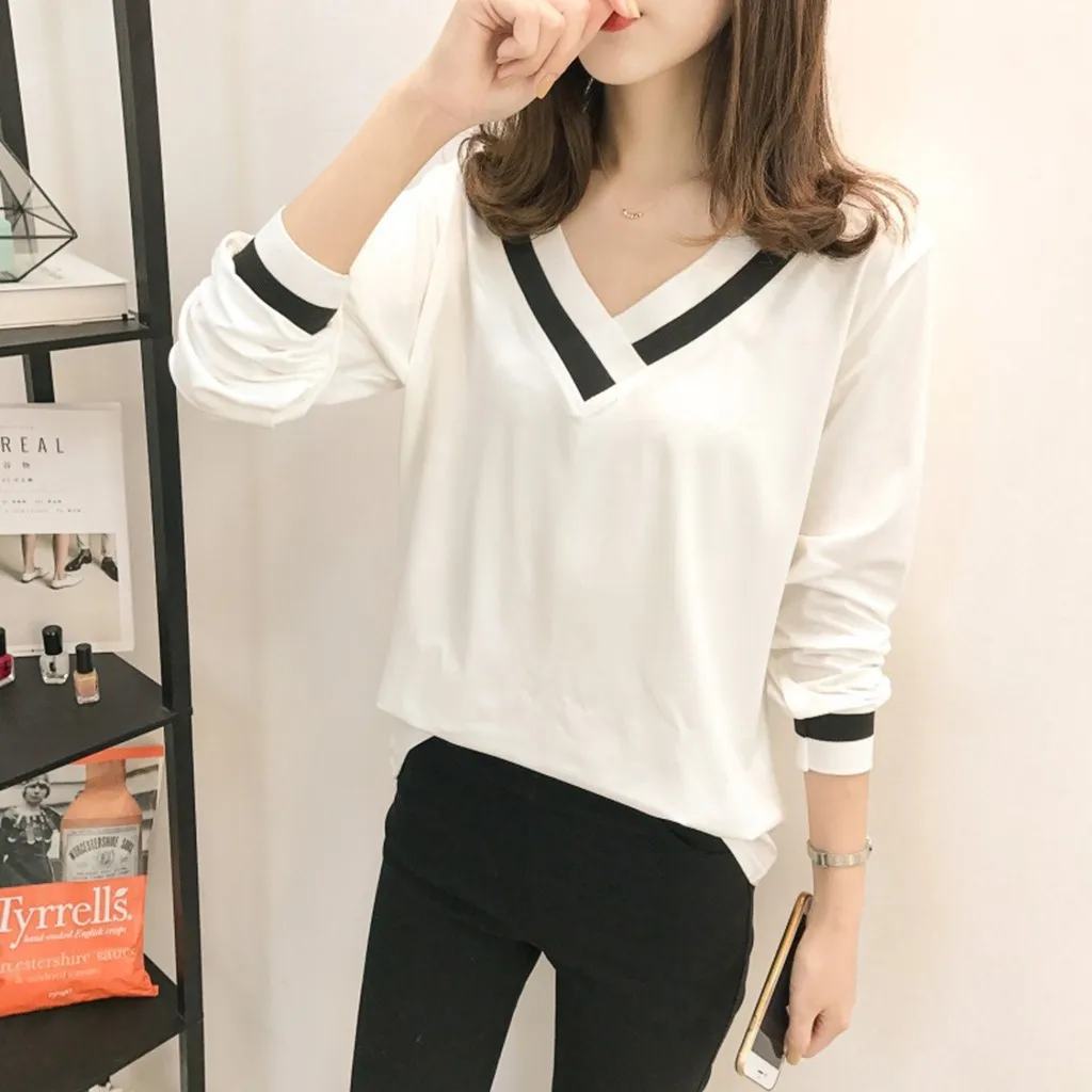 Корея контрастные Цвет в полоску с v образным воротом футболка для женщин на