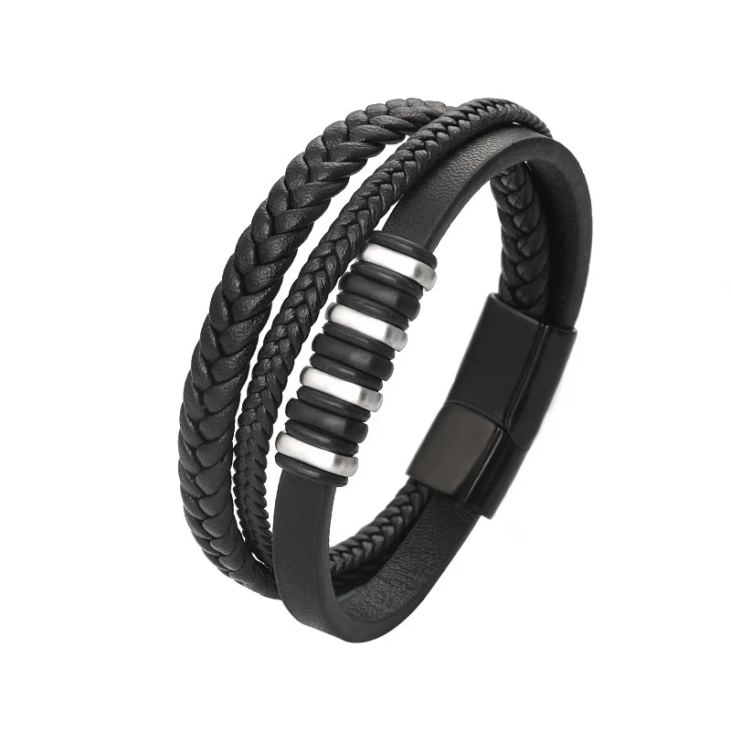 

New Man's Titanium Steel Bracelet Leather Braid Stainless Steel Magnet Button Simple and Elegant Temperament Delicate
