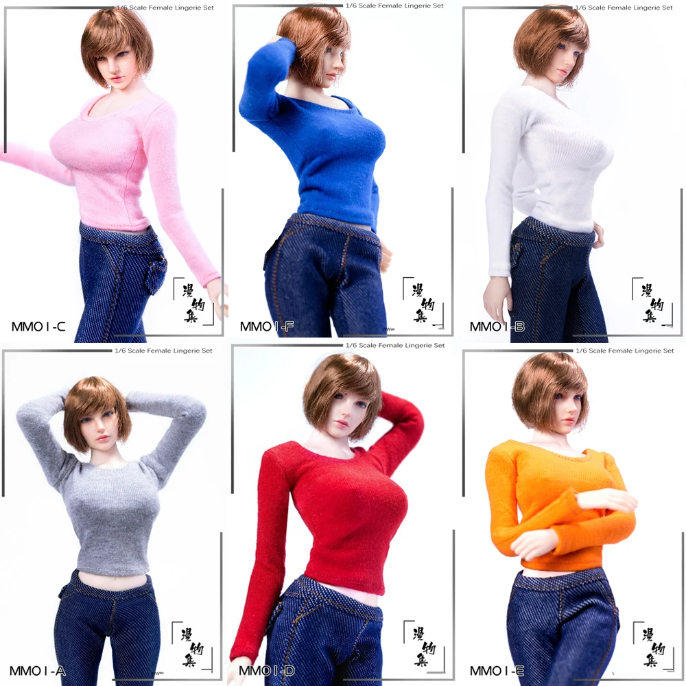 

Футболка 1/6-я, топ с круглым вырезом и длинным рукавом, женская одежда MM01, подходит для 12-дюймовой женской фигурки