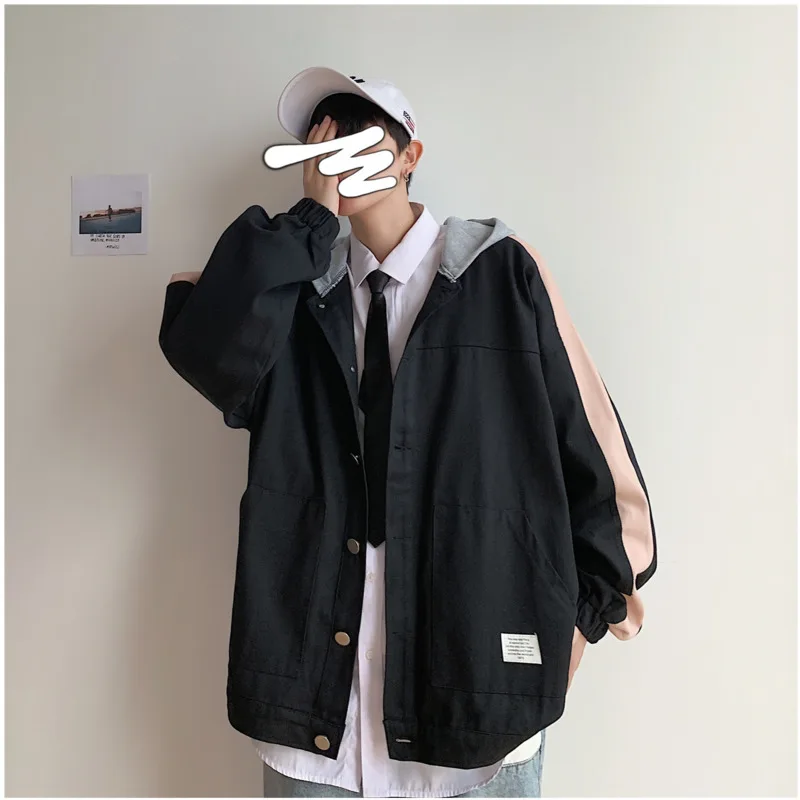 

2020 Spring And Autumn New Men's Korean Version Of The Hooded Hit Color Jacket Fashion Casual Loose Large Size Shirt Black / Red