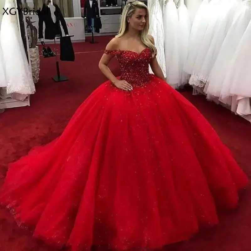 

New Arrival Luxury Princess Wedding Dress Red Wedding Dresses Top Beaded Tulle Shining Puffy Formal Party Dress Robe De Mariee