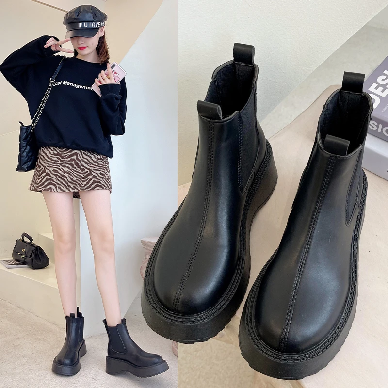 

Новинка 2021, короткие ботинки челси на толстой подошве, женские ботинки Martin, Осенние новые дымчатые ботинки в британском стиле, женская обувь...