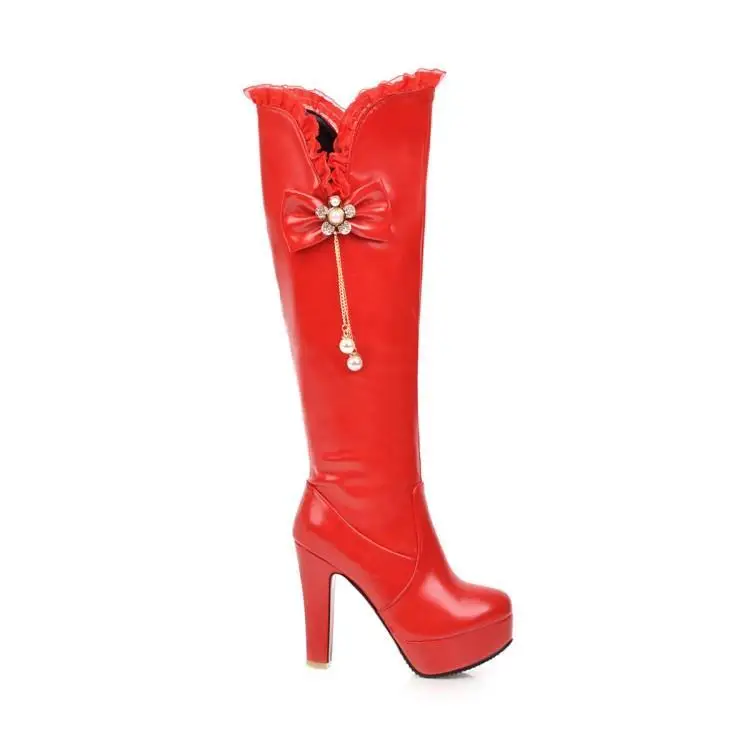 

ZETMTC women shoes Autumn winter cute butterfly-knot strap Knee High Boots red super high thin heels11.5cm pu Large Size 43