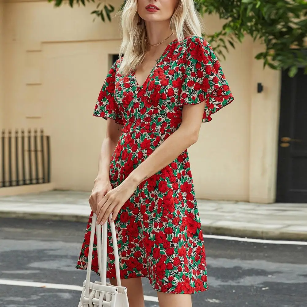 

Summer Women Dress 2021 Sexy Red Flower Print Slim Summer V Neck Short Sleeve Dress Mini Dress Wrap Sundress Robe for Working