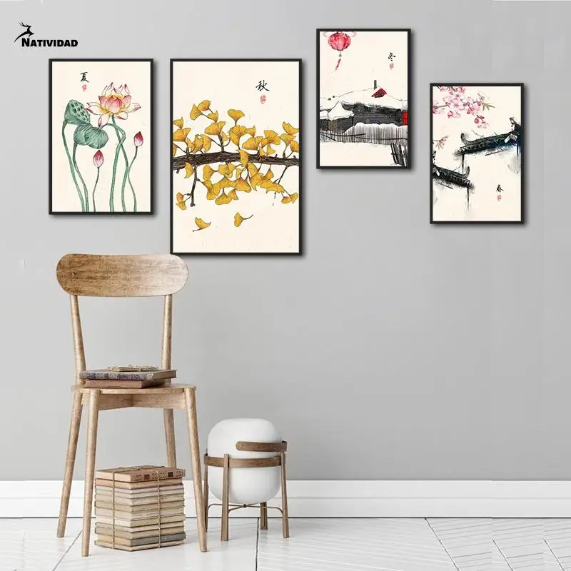 

Traditional Chinese Poster Flowers and Plants Canvas Painting Spring Plum Summer Lotus Autumn Ginkgo Leaf Winter Snow Home Decor