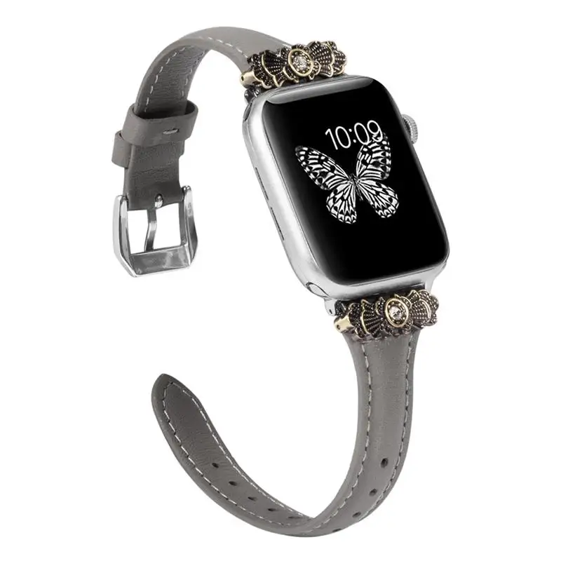 Grey Кожаный ремешок для Apple Watch 38 мм 42 мм iWatch женский тонкий металлический с уникальным декоративным ремешком браслет для iwatch серии 4 3 2 1 - Цвет ремешка: Grey