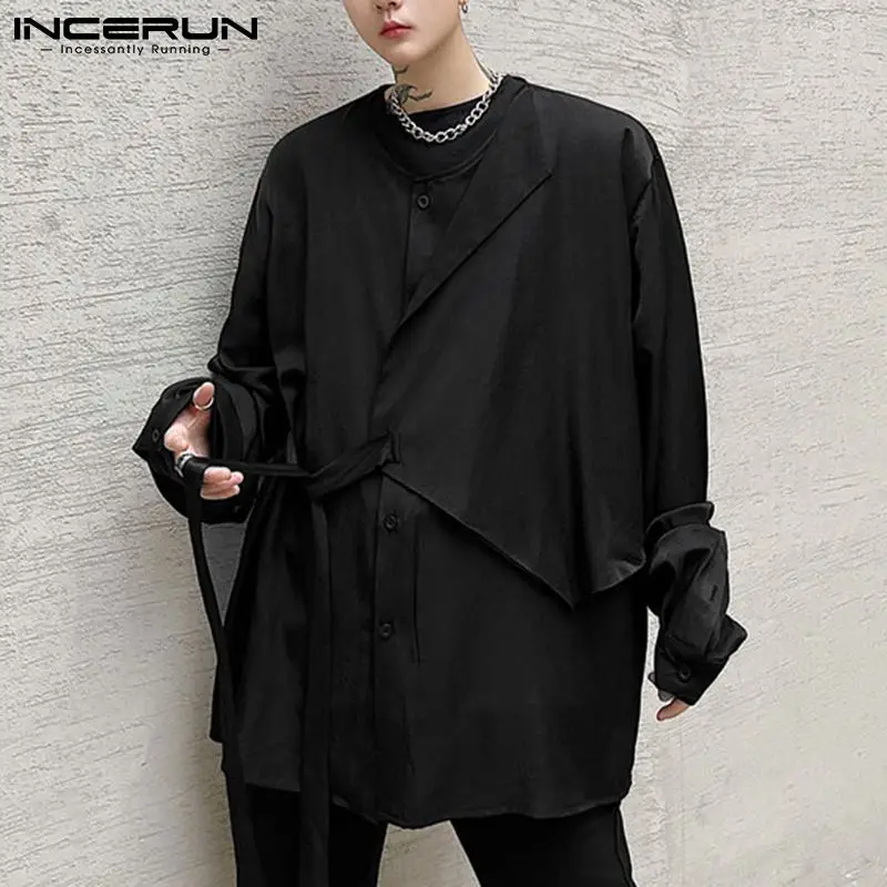 

Рубашка мужская с круглым вырезом и длинным рукавом, однотонная уличная одежда, корейский стиль, повседневная Асимметричная свободная на п...