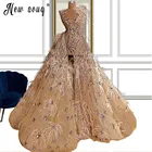 Couture Иллюзия вечерние платья крупными жемчужинами, с украшением в виде кристаллов Дубай Разделение сбоку перо Платья знаменитостей Свадебная вечеринка; Gown Robe De Soir