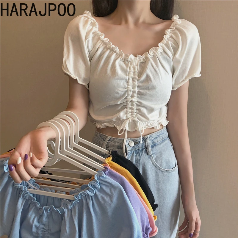 

Женские футболки Harajpoo, летняя Корейская версия, со складками и деревянными ушками, однотонный Модный женский пуловер с коротким рукавом