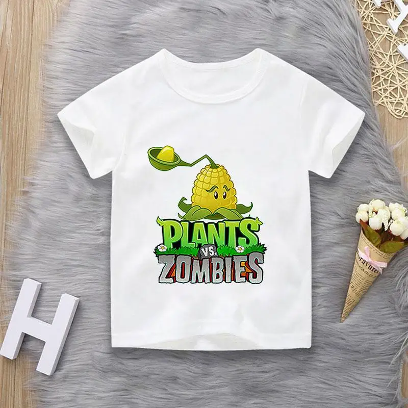 

Boys And Girls Summer Shirts Plants Vs. Zombies Cartoon Kids T Shirt Round Neck Shirt Printed Baby T Shirt Casual White T Shirt