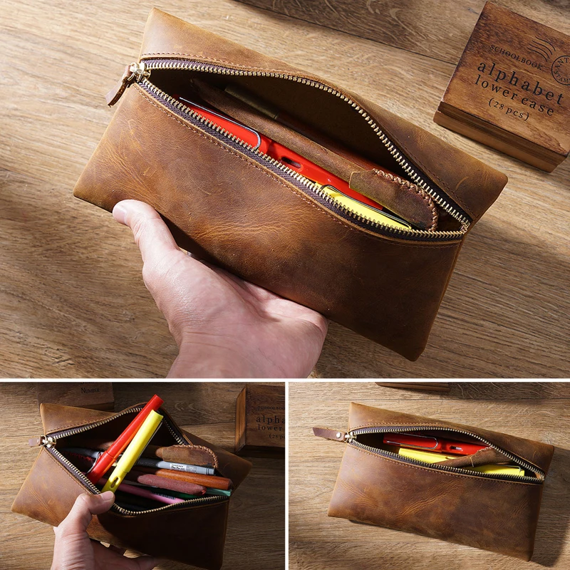 100% Nature Genuine Leather Retro Pen Bag Vantage Big Capacity Cowhide Zipper Pencil Case Holder Office School Supplies Gift | Канцтовары