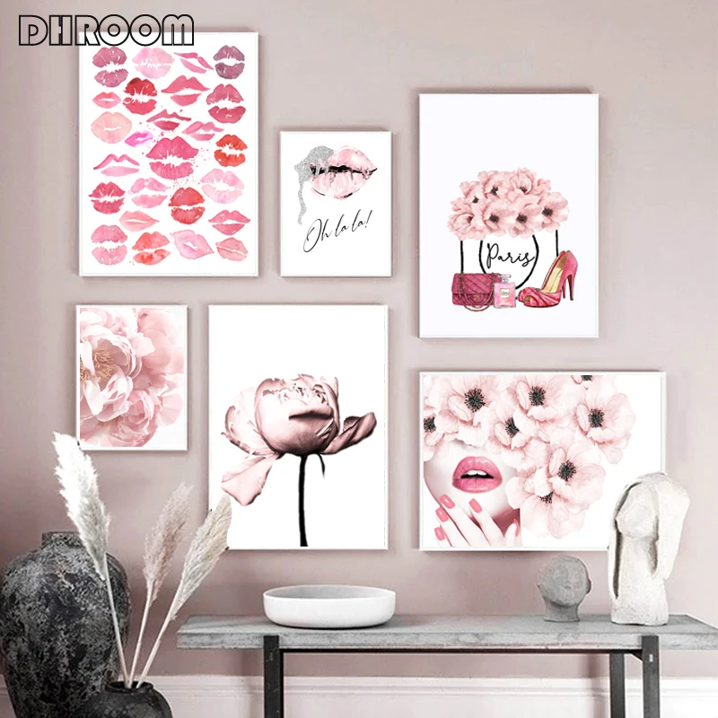 Модный постер с розовыми цветами и губами Женский портрет художественный принт