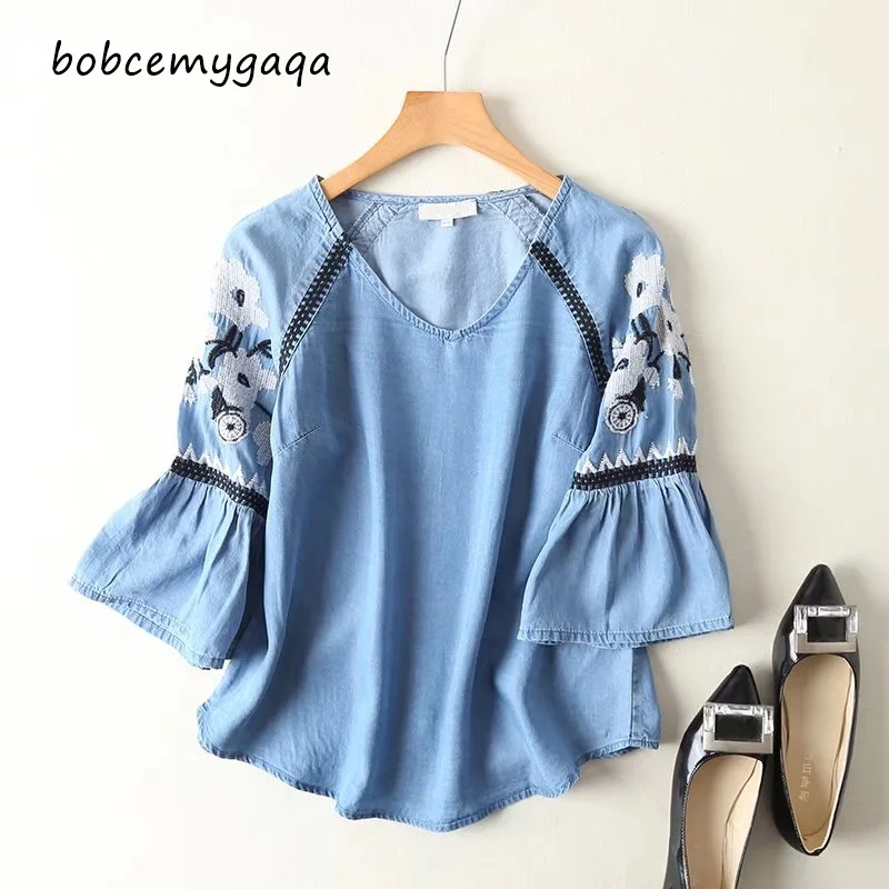 Блузка женская джинсовая с полурукавами Повседневная Свободная рубашка из