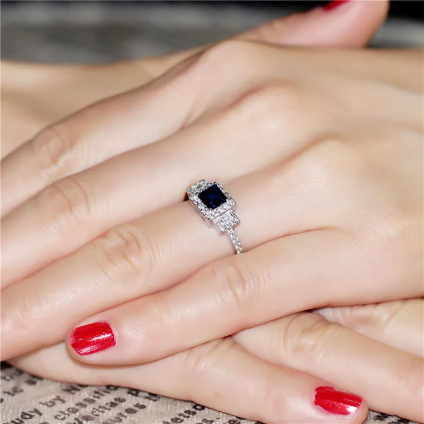 

100% Sterling Silver 925 Zirconia Full Blue Princess Square Diamond Rectangle Vintage Cutout Women's sapphire ring
