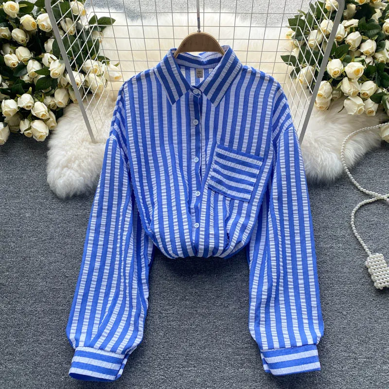 

Women Retro Stripe Blouse Turndown-Collar Long Sleeve Single Breasted Tops Autumn Korean Fashion Casual Loose Blouses