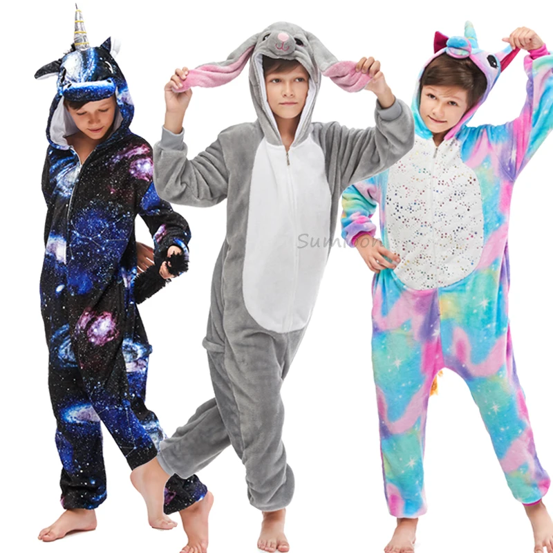 Для мальчиков и девочек Фланелевая пижама единорог пижамы кигуруми комбинезоны