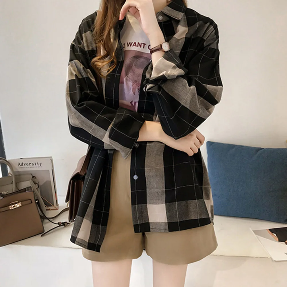 Harajuku рубашки женские топы BF клетчатая уличная Свободная Повседневная шикарная