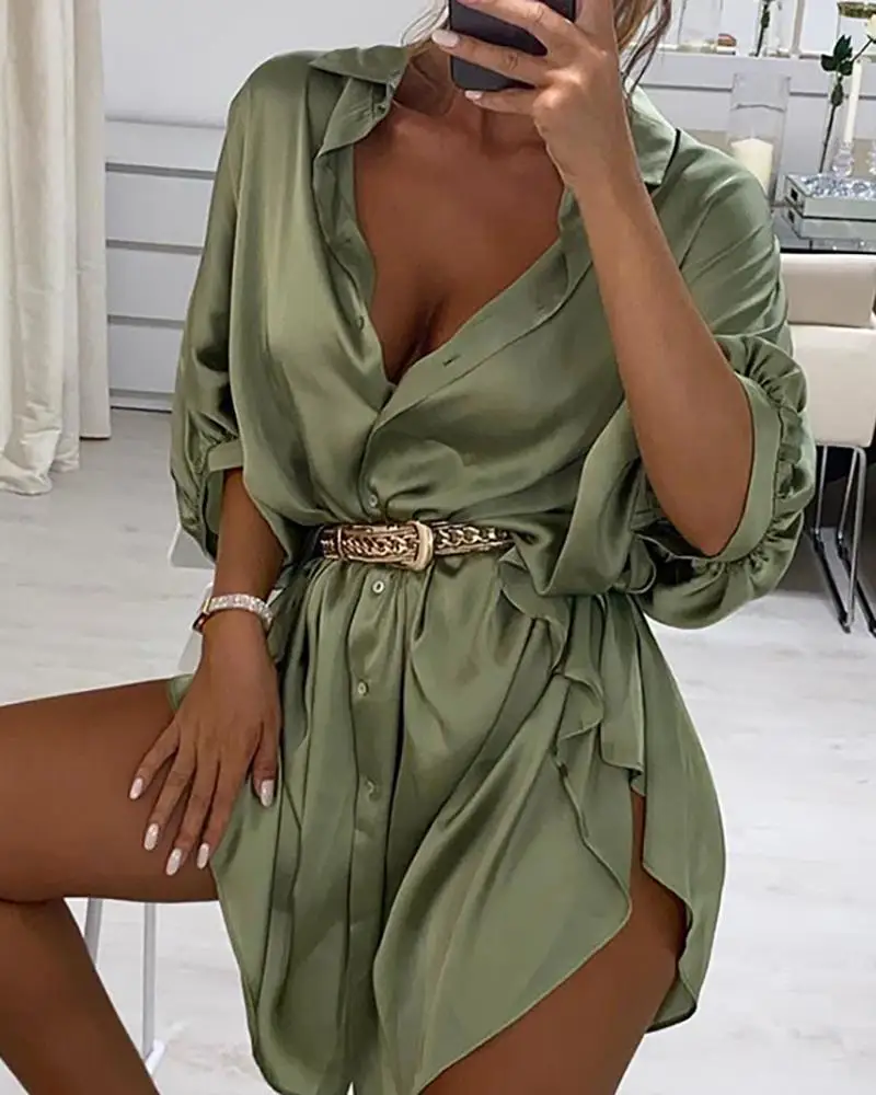 

Women Long Sleeves Casual Shirt Dress Ruffles Slit Satin Ruched Elegant Party Dress Female Vestidos