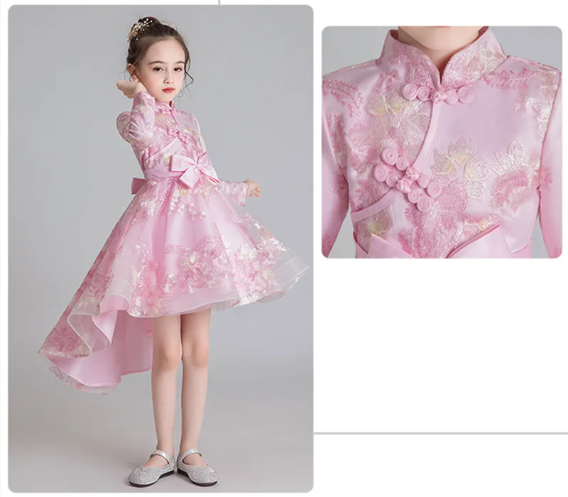 Flower Embroidered Long Sleeve Autumn Winter Bow Lace Tutu Girl Princess Dress Costumes Clothes Show Evening Party Dress WG-1210