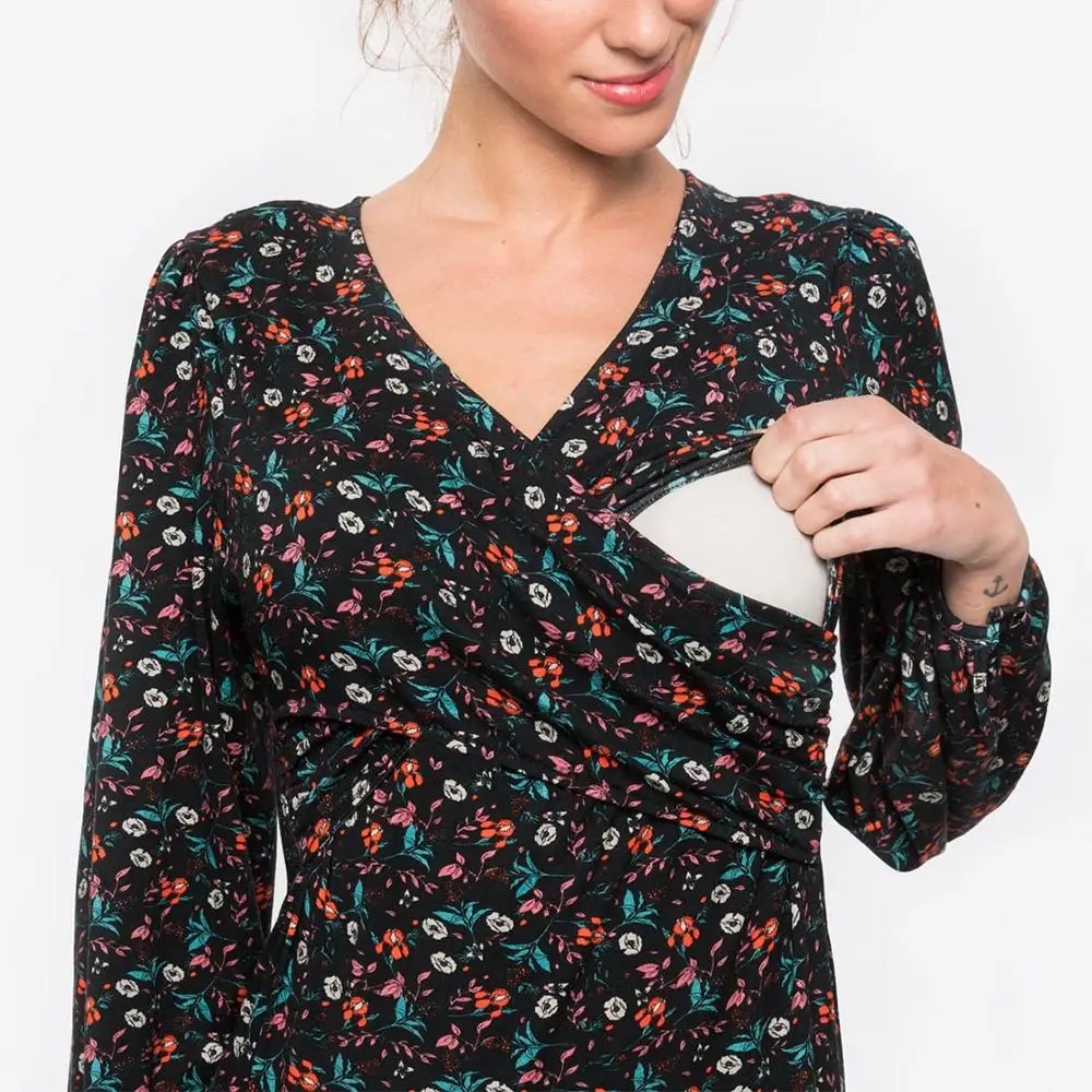 

Floral Print Maternity Clothes Breastfeeding Clothes Autumn Long Sleeve Pregnancy Shirt Fashion V-neck Nursing Top