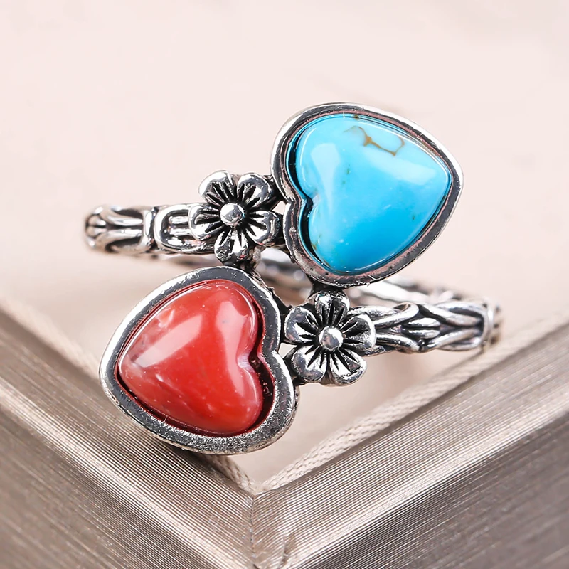 

Bohemia Silver Color Flower Pattern Carving Couple Ring Interesting Double Heart Stone Jewelry For Women Men Party Gifts