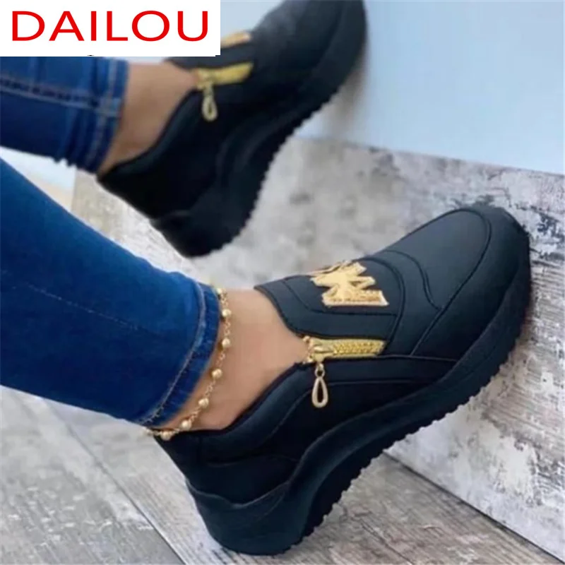 

2021 Spring Wedges Platform Women Flats Fashion Retro Zipper Mid Heel Casual Shoes Outdoor Comfortable Low-heel Shoes for Woman