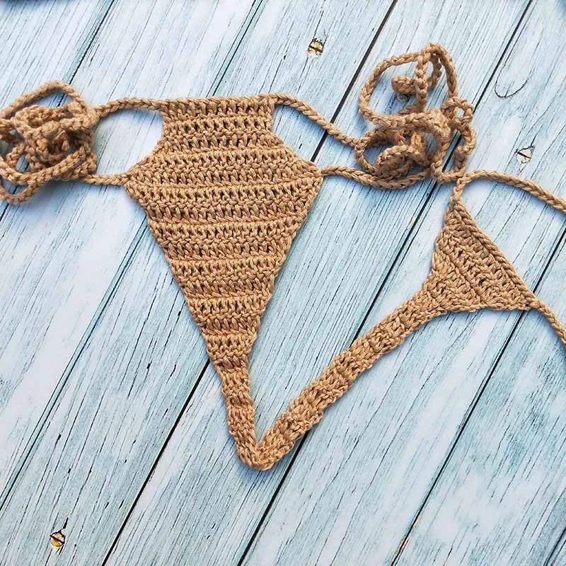 khaki bottom Ручной работы крючком микро купальник женский Экстремальный мини сексуальный бикини набор для загара пляж спа бикини - Цвет: khaki bottom