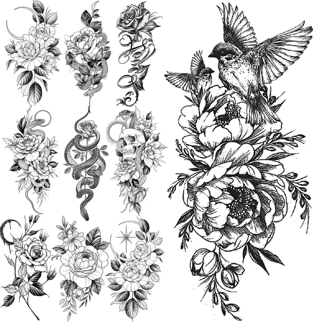 

Flower Poeny Hummingbird Temporary Tattoos For Women Adults Realistic Snake Rose Fake Tattoo Sticker Neck Waist Tatoos Small