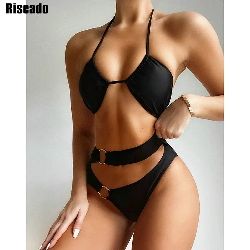 

Riseado Black Bikini Halter Swimsuit High Waisted Swimwear Women Cut Out Bathing Suit Ring Beachwear 2021 Summer Sexy Biquini