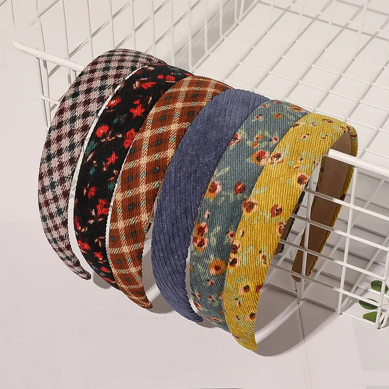 

Non-slip Head Hoop Corduroy Headband Simple Hair Hoop Vintage Plaid Floral Sweet Styling Hair Accessories Solid Color Striped