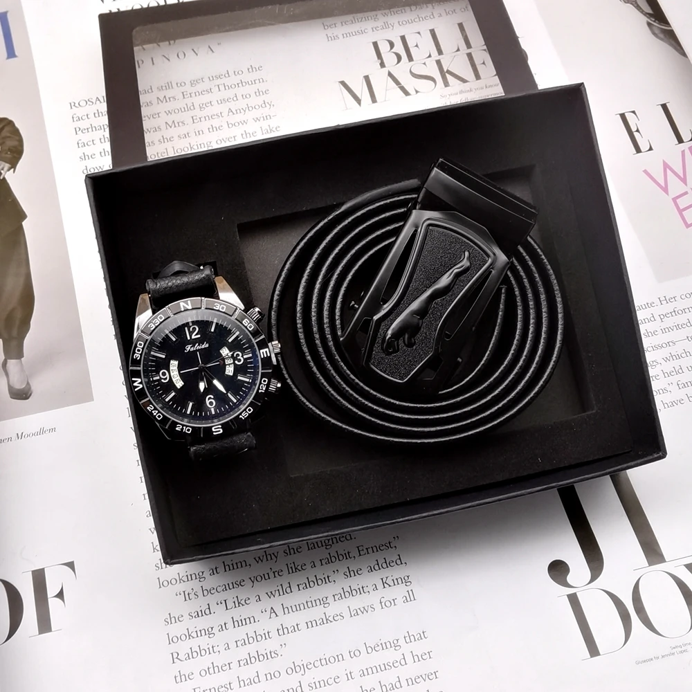 New Mens Watches Belt Set 45mm Big Dial Wristwatch Luxury Calendar Date Quartz Wrist Watch With Men120cm Belt Gifts Box