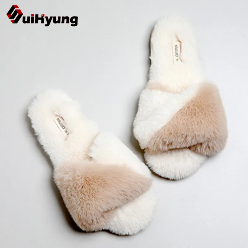 Тапки Suihyung женские зимние меховые пушистые без застежки повседневные сланцы