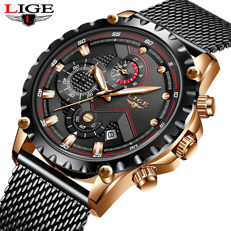 Relogio Masculino lige top модный бренд часы Для мужчин Спорт Водонепроницаемый Нержавеющая сталь пояс сетки кварцевые часы мужские наручные часы