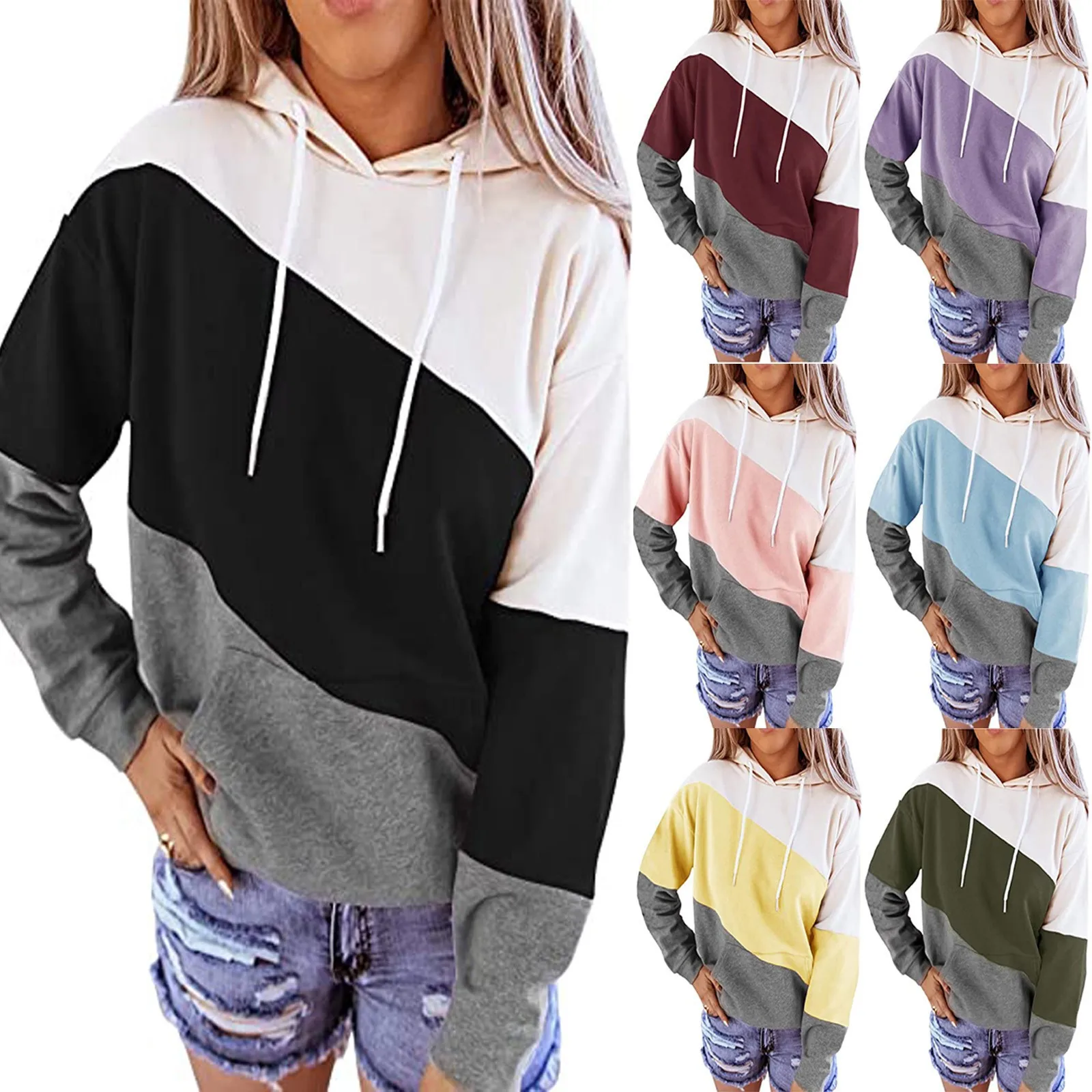 

Женская толстовка с капюшоном и длинным рукавом, в полоску