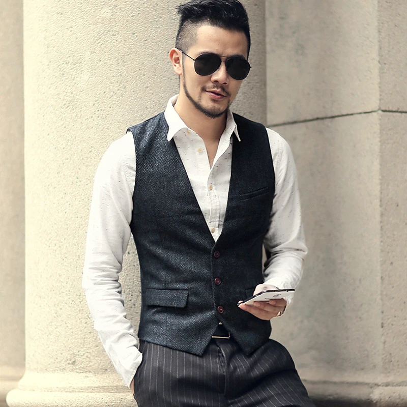 Men's Vest Army Green V Neck Casual Waistcoat Suit Herringbone Tweed Wool Tuxedo For Wedding | Мужская одежда