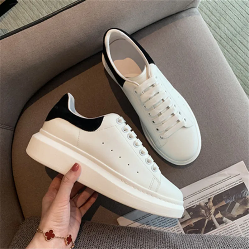 

Leather White Shoes Casual Fashion Sports Shoes Round Head Breathable Lace-up Thick Bottom All-match Couple Sneakers