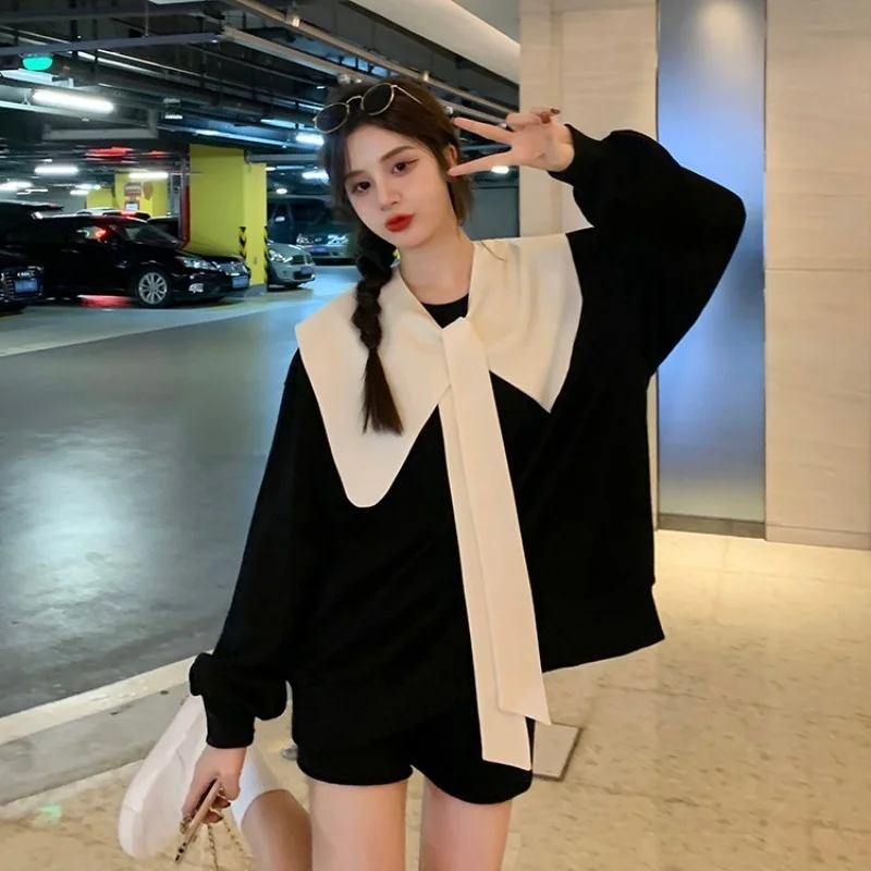 Черная Толстовка женская одежда на весну и осень тонкий свободный топ в