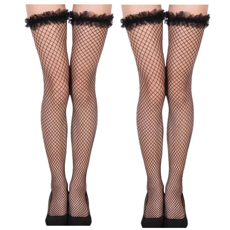 

2 Pairs/lot Sexy Mesh Stockings Women Lace Top Sheer Stay Up Thigh High Stockings Ladies Black White Red Nylon Fishnet Stockings