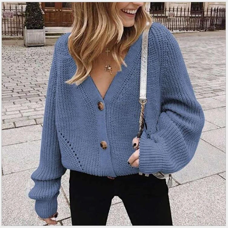 

New Autumn Cardigan Women Winter Long Lantern Sleeve Oversized Button Knitted Sweater Hollow Out V Neck Knitwear