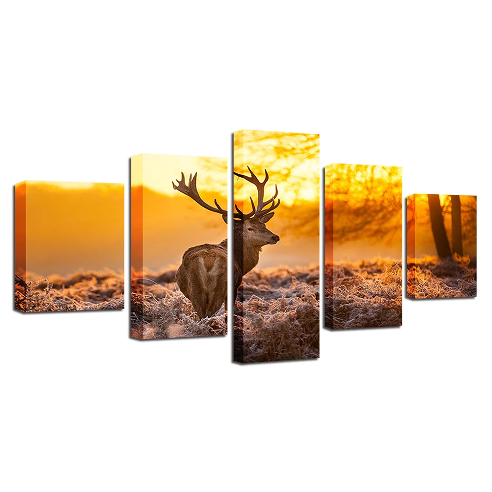 

Canvas Paintings Living Room Wall Art Framework 5 Pieces Sunset Winter Forest Animal Deer Posters HD Prints Pictures Home Decor