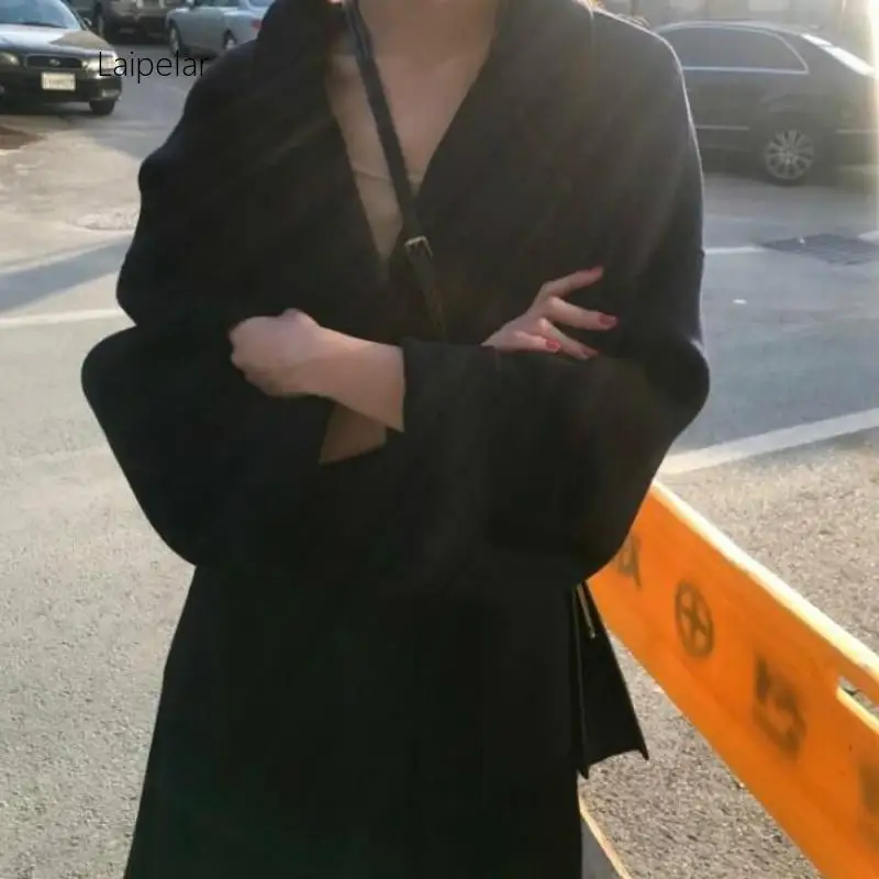 

Laipelar New Women Elegant Winter Cashmere Overcoat Long Bandage Woolen Coat Cardigan Loose Blends Coats Mujer Manteau Femme