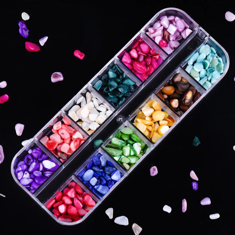 12 Grid Colorful Shell Stones With Tweezers Candy Color Nail Art Decoration Irregular Stone For Gel Polish Accessory | Красота и