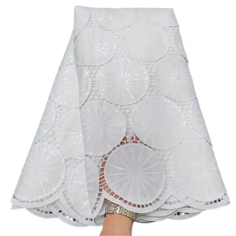 

Pure White High Quality African Lace Fabric Punch Guipure Cord Lace With Sequins Water Soluble For Festival Dress