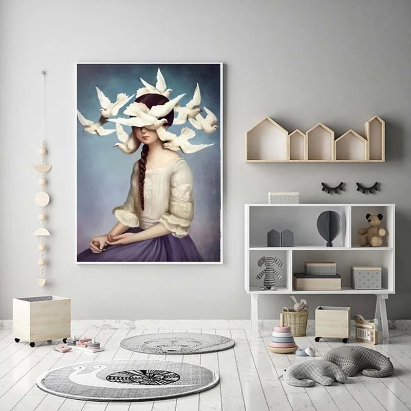 Девушка и голуби Nordic Минималистский украшение картины напечатаны на холсте Wall Art