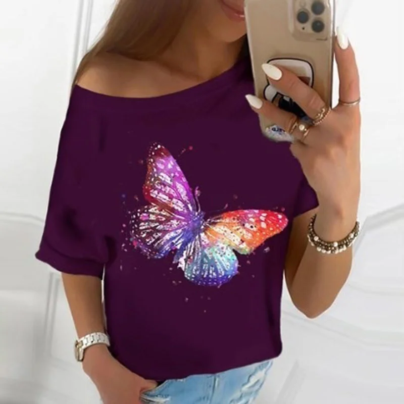 

Women Elegant Butterfly Sequined Print Blouse Shirts Sexy Off Shoulder Short Sleeve Pullover Tops Ladies Casual Slash Neck Blusa