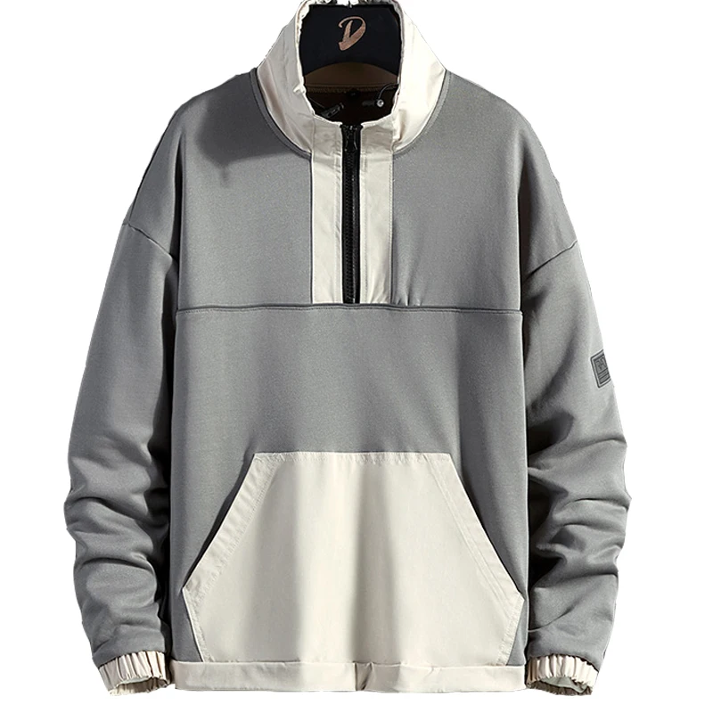 

Mens Spring Hoodie Casual Stand Collar Contrasting Color Half-open Zipper Loose Street 8XL Plus Size Youth Hoodie Without Hood